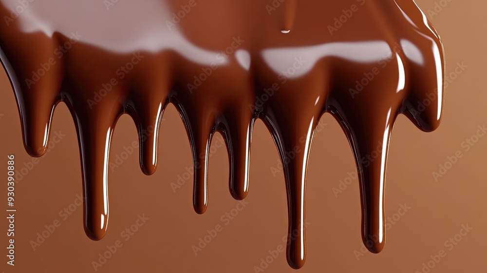 Poster a close-up 3d view of chocolate dripping down an edge, with smooth, shiny surfaces that emphasize th