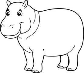 Hippopotamus outline or line art or sketch illustration, standing with its large body and wide mouth, drawn with rounded lines on a white background.
