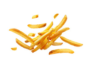 A group of golden french fries floating in mid-air against a transparent background.