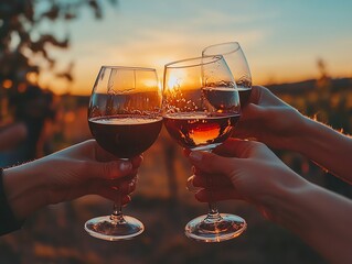 Group of friends toasting with beer, wine, and liquor in a vibrant outdoor setting, sunset background, alcoholic celebration, friendship and joy