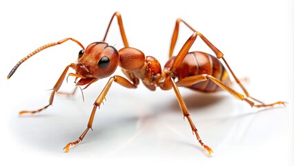 A solitary red ant stands out against a pristine white background, its intricate body and delicate legs visible in high-contrast detail.