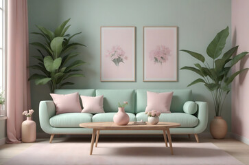 Modern Pastel Living Room with Minimalist Decor. Scandinavian livingroom decor with wall art