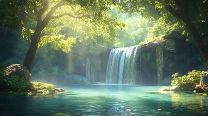 Fototapeta premium A tranquil waterfall cascades into a crystal-clear pool, surrounded by lush greenery and dappled sunlight. A Jurassic Park-Inspired.