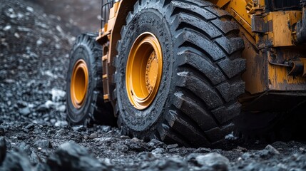 Close-up of a wheel loader's massive tires gripping rough terrain, focusing on the duraility and power of heavy machinery.
