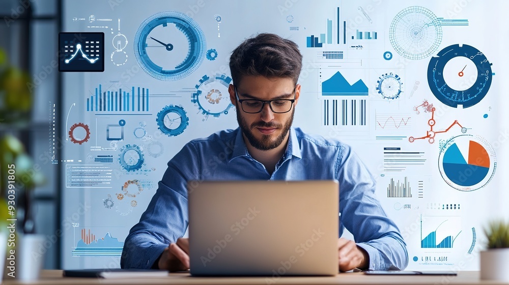 Poster a business professional efficiently managing tasks on a laptop, with a focus on productivity and tim