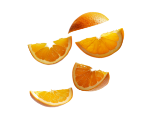 Five orange slices falling against a transparent background.