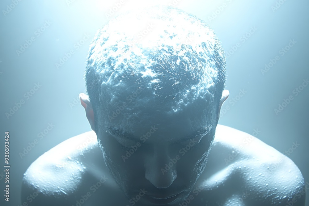 Poster close up of a man with wet hair in a blue lit environment symbolizing introspection calm and a conne