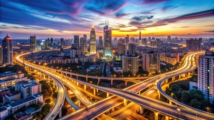 A sprawling metropolis at dusk, with bright city lights and bustling streets illuminated, connected by a complex network of roads and highways.