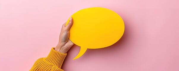 Hand holding a yellow speech bubble against a pink background. Concept of communication, conversation, and ideas.