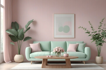Scandinavian Living room concept. Modern Pastel Living Room with Minimalist Decor