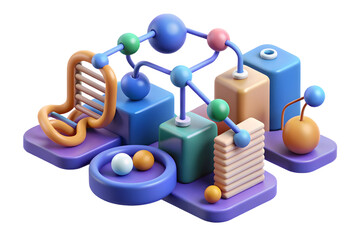 3D Bioinformatics Elements with DNA Strands and Data Sequences - Abstract Vector Design Illustrating AI-Driven Genetic Research Analysis on White Background