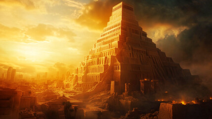 Ancient city of Babylon with the tower of Babel, bible and religion, new testament, speech in different languages
