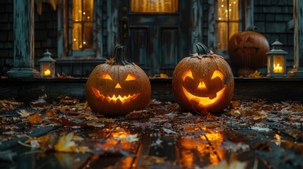 Jack-o-lanterns on a Haunted Porch at Night