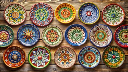 Assortment of colorful, ornate ceramic plates with unique patterns, shapes, and designs, arranged artfully on a rustic wooden table or shelf against a neutral backdrop.