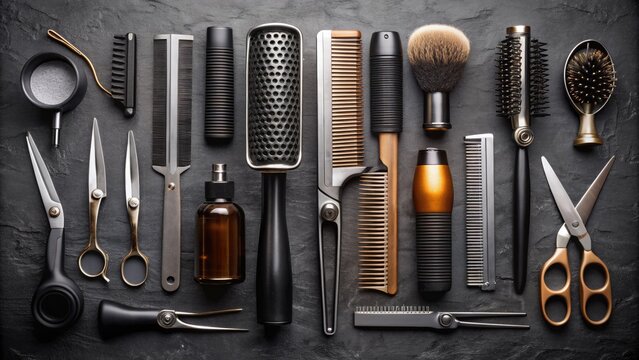 Assortment of hair styling tools, including scissors, clippers, combs, and brushes, laid out on a sleek black countertops, ready for a salon or spa session.