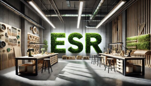 Green ESR letters in modern workshop