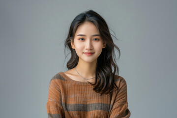 Fototapeta premium With a blend of casual and professional attire, this woman exemplifies modern office fashion while maintaining a clean, simple style.