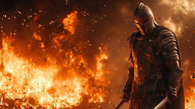 Ares god of war in full fire battle cinematic scene