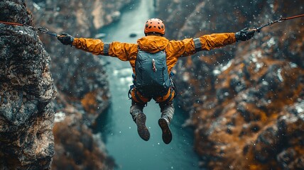 A bungee jumper man enjoying on mountain