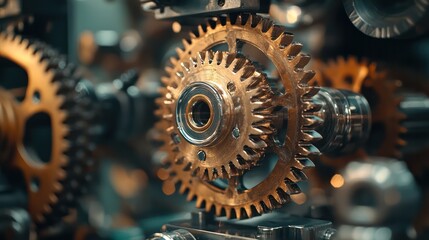 Close-up of gears and cogs inside a complex machine, highlighting precision engineering in machinery.