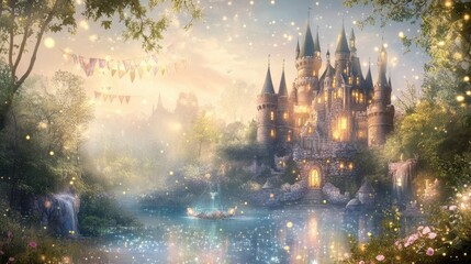 Fototapeta premium A magical castle surrounded by a serene landscape, sparkling lights, and gentle water flow.