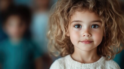 A young girl with curly hair and a thoughtful expression looks directly at the camera, with other children slightly out of focus in the background. Innocence and contemplation.