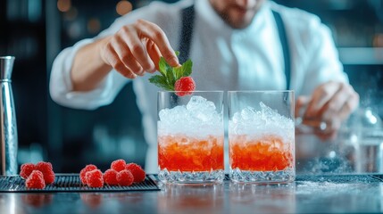 A bartender prepares colorful cocktails with fresh raspberries and mint leaves, showcasing a vibrant drink presentation.