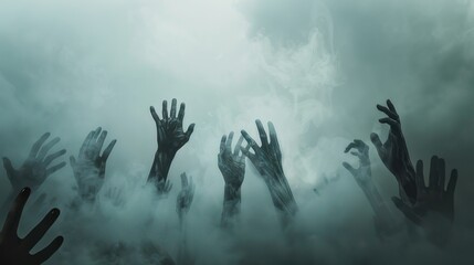 Zombie hands reaching through dense fog in eerie atmosphere