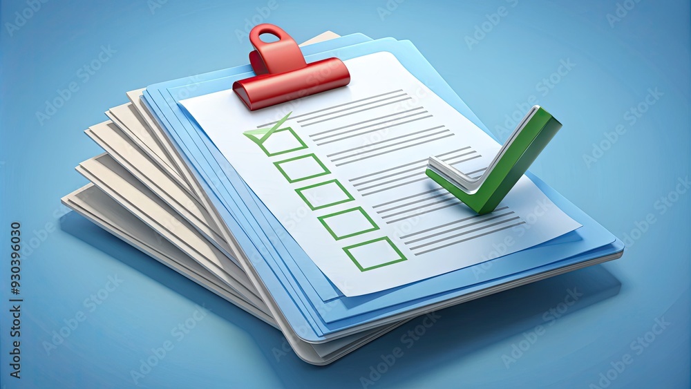 Poster a stylized illustration of a checklist with boxes ticked and a stamp of approval on a pile of offici