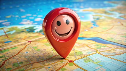 A stylized illustration of a brightly colored map pin icon with a subtle smile, symbolizing happy and adventurous travel encounters and explorative visits.