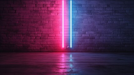 A vibrant neon-lit brick wall featuring pink and blue vertical lights casting reflections on a smooth floor surface, creating a modern and edgy urban atmosphere.