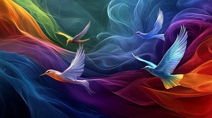 Naklejka premium Colorful Birds Flying Through Abstract Waves.