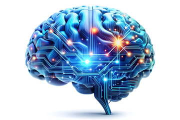 Abstract 3D AI Driven Digital Brain Elements Concept with Circuitry and Data Streams - Innovative Design Symbolizing Cognitive Processes in Isolated White Background