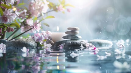 serene spa background stones and candles , water, flowers and steam, natural light, tranquil atmosphere for relaxation and meditation, spa retreats, wellness centers, relaxation spaces