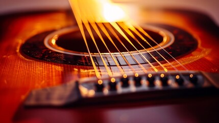 Fototapeta premium Close-up of Acoustic Guitar Strings and Bridge with Warm Lighting