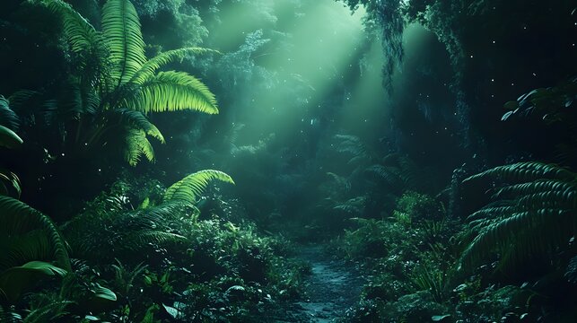 A path through a lush and mystical jungle with sunbeams piercing through the dense canopy. A Jurassic Park-Inspired.