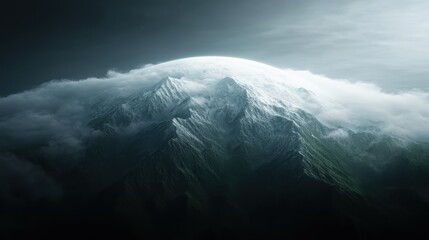 Fototapeta premium This image captures a majestic, snow-covered mountain peak emerging through dense clouds, showcasing the raw beauty of nature and the grandeur of high altitudes.
