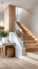 A staircase with a glass railing and a white railing