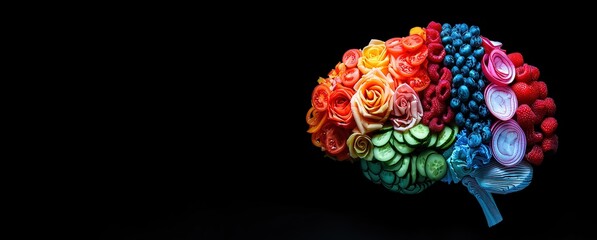 A colorful brain made of paper roses, against a black background.