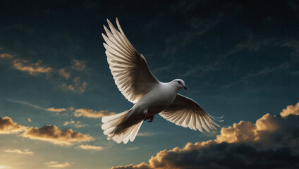 Obraz premium A dove flying in the sky, symbol of peace, freedom and hope, Christianity