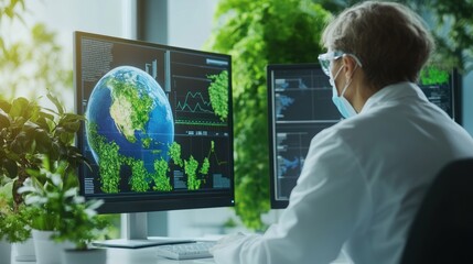 Scientist Analyzing Global Data with Earth on Screen