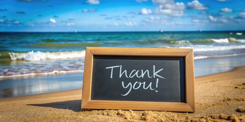 A stylized "Thank you" message scrawled on a black chalkboard with a serene ocean background, symbolizing gratitude and appreciation in a business setting.