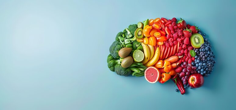 Brain shape made of fresh fruits and vegetables on blue background. Healthy food for brain health, cognitive function and mental wellbeing.