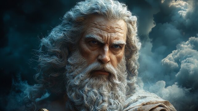 Zeus king of the Greek gods with dark clouds background