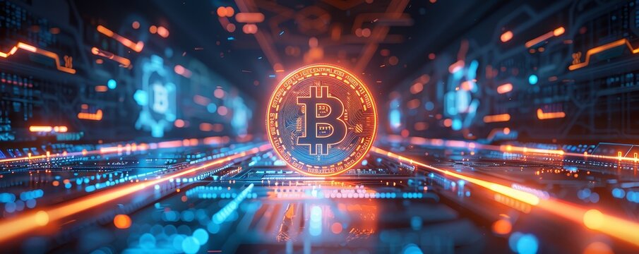 A digital illustration of the Bitcoin logo glowing in blue and orange light, surrounded by an abstract futuristic background with lines and shapes representing data flow or technology network.