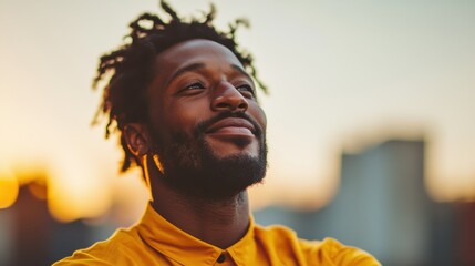 A person wearing a bright yellow shirt is depicted in an urban setting, with a sunset backdrop, symbolizing optimism, strength, and positivity in a vibrant environment.