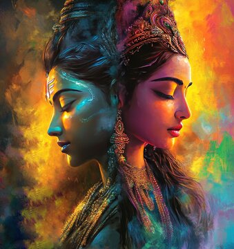 painting of the goddess shiva and parvati half face