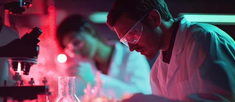 Scientist Working In Laboratory With Red And Blue Light
