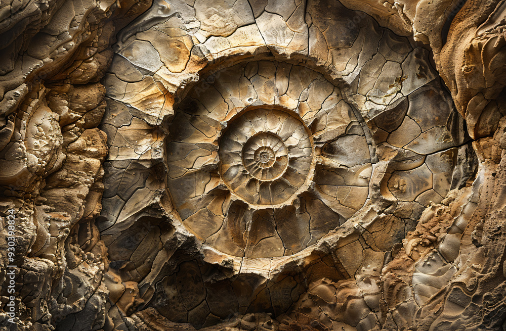 Poster close up photo of an intricate circular pattern on the surface of a fossilized nautilus, in a sepia 