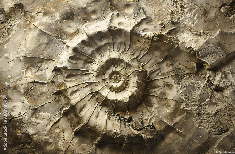 Poster close up photo of an intricate circular pattern on the surface of a fossilized nautilus, in a sepia 